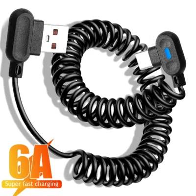 90 Degree Angle Elbow USB A To Type-C Spring Charging Cables Spiral Coiled Retractable Data Cord Quick Charge For Samsung Mi